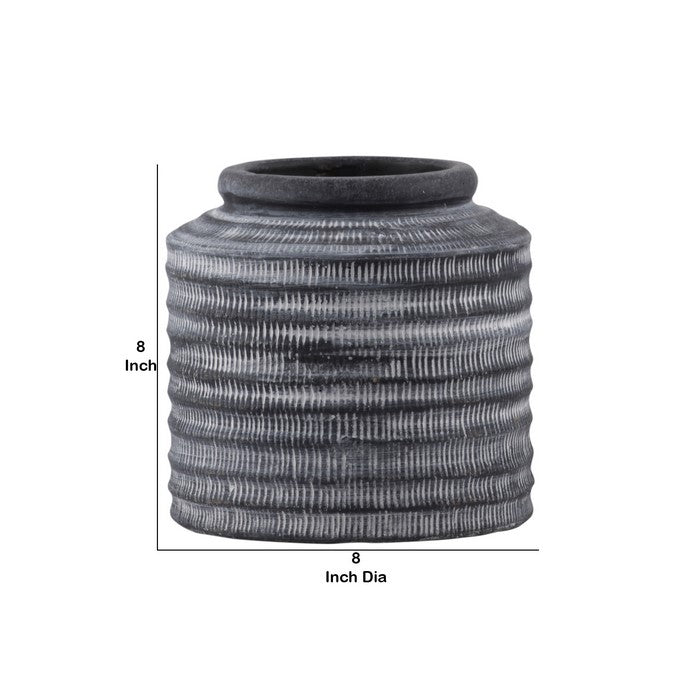 Round Cement Pot with Banded Rim Mouth and Ribbed Pattern, Large, Gray