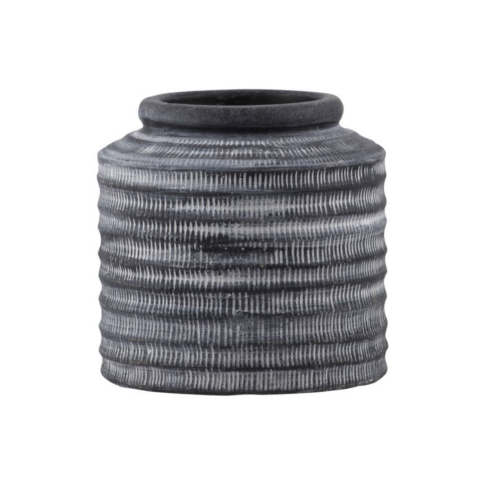 Round Cement Pot with Banded Rim Mouth and Ribbed Pattern, Large, Gray