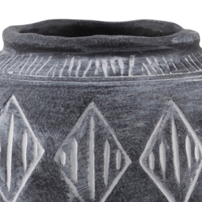 Round Cement Pot with Banded Rim Mouth and Diamond Pattern, Small, Gray