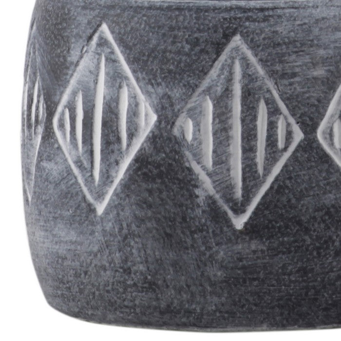 Round Cement Pot with Banded Rim Mouth and Diamond Pattern, Small, Gray