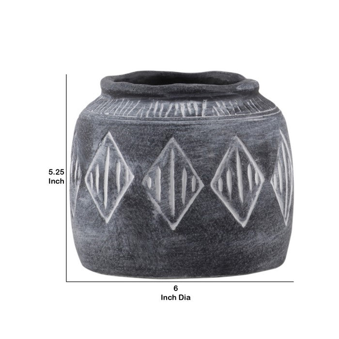 Round Cement Pot with Banded Rim Mouth and Diamond Pattern, Small, Gray