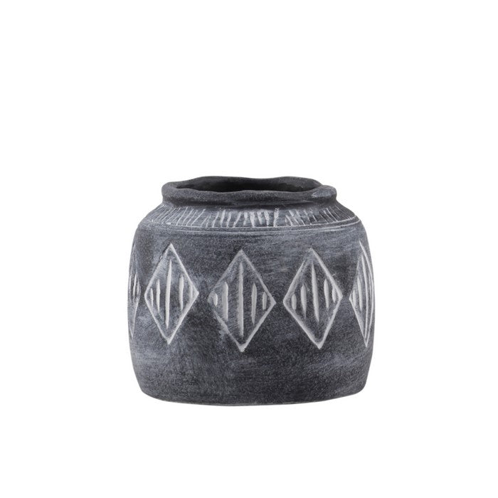 Round Cement Pot with Banded Rim Mouth and Diamond Pattern, Small, Gray