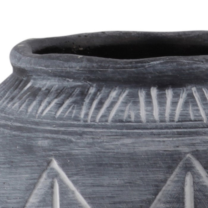 Round Cement Pot with Banded Rim Mouth and Diamond Pattern, Medium, Gray