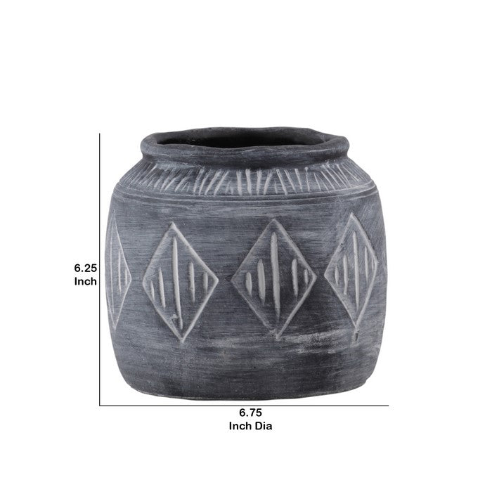 Round Cement Pot with Banded Rim Mouth and Diamond Pattern, Medium, Gray