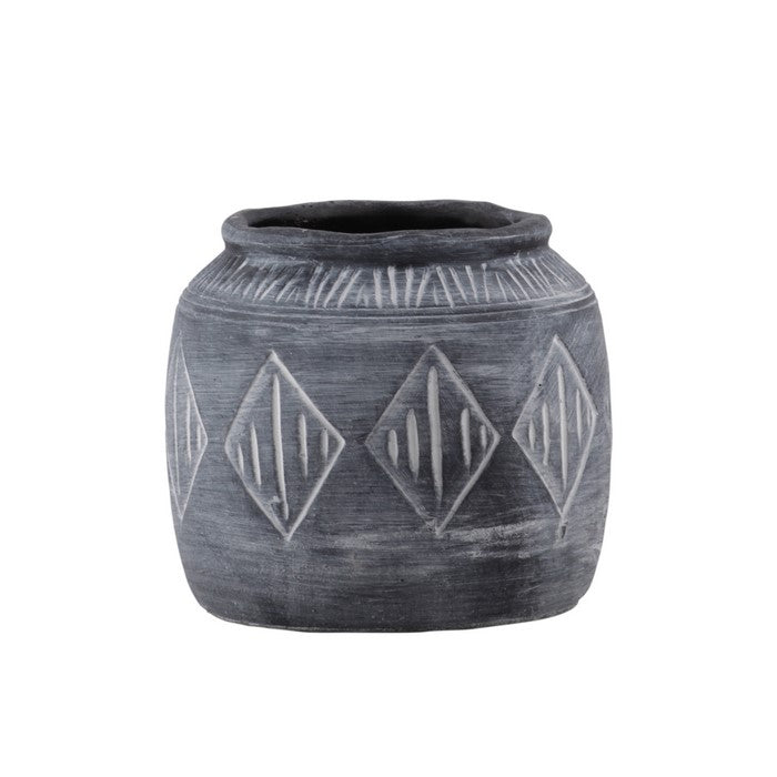 Round Cement Pot with Banded Rim Mouth and Diamond Pattern, Medium, Gray
