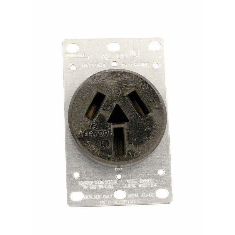 Leviton 5206 50 Amp, 125/250 Volt, NEMA 10-50R, 3P, 3W, Flush Mounting Receptacle, Straight Blade, Industrial Grade, Non-Grounding, Side Wired, Steel Strap, Black