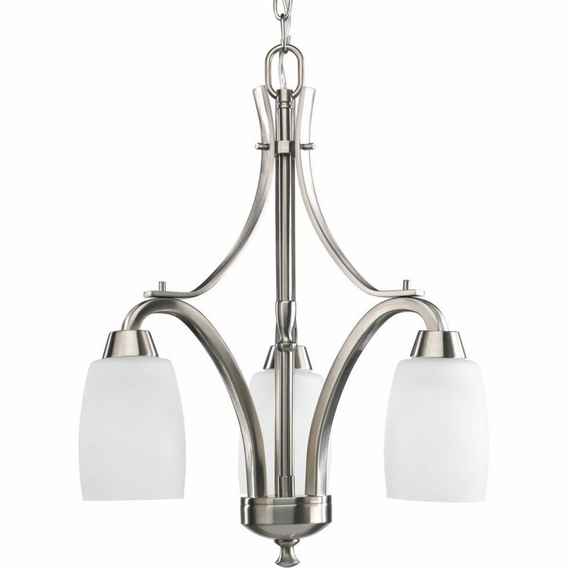 Progress Lighting P4434-09 3-Light Chandelier with Etched Glass and Arching Rectangular Arms with Strap Accents, Brushed Nickel