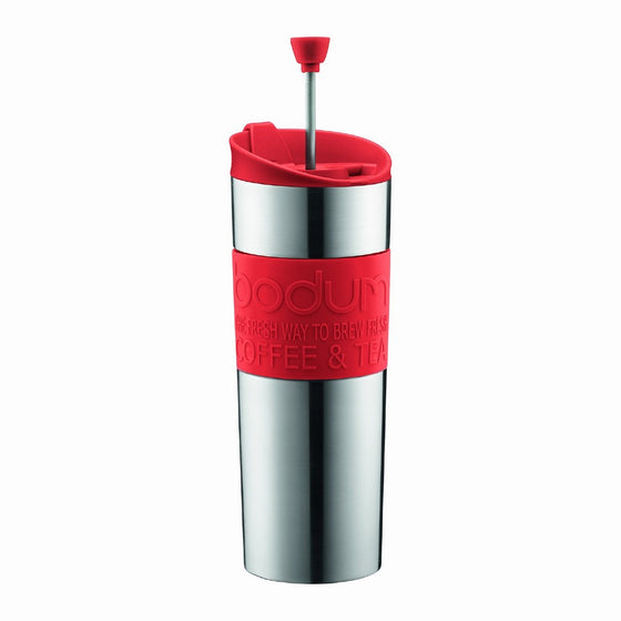 Bodum Travel Press Coffee and Tea Press, Stainless Steel Insulated Travel Press, 15 Ounce, Red