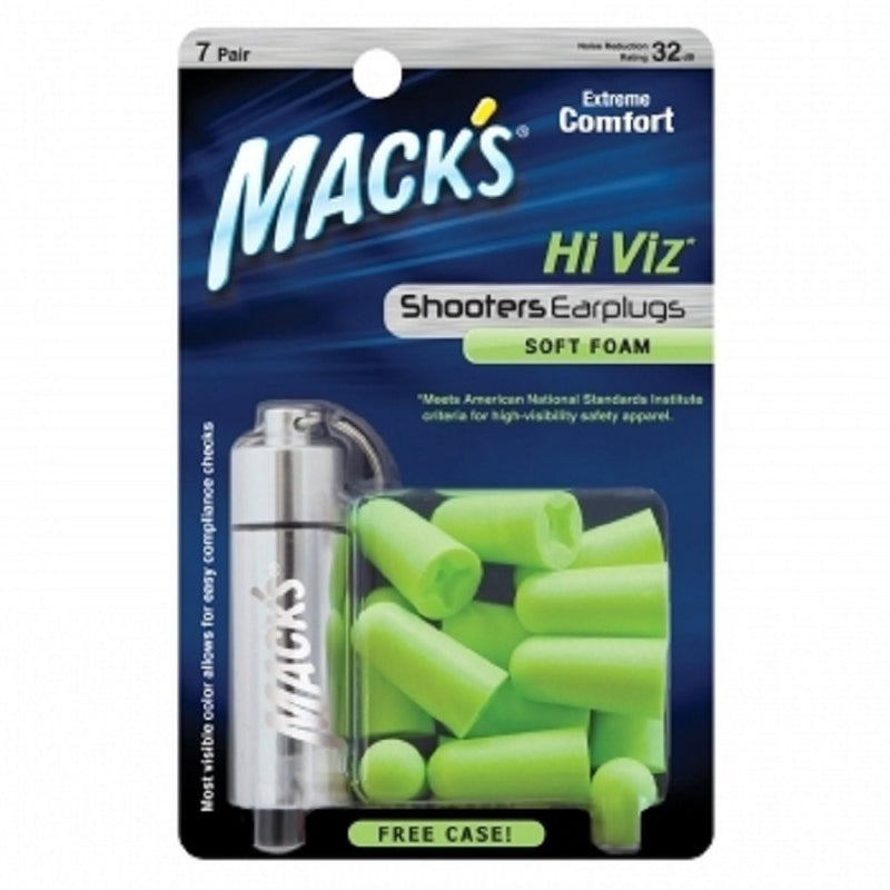 Mack's Shooters Hi Viz Soft Foam (7-Pair) Earplugs with Free Travel Case