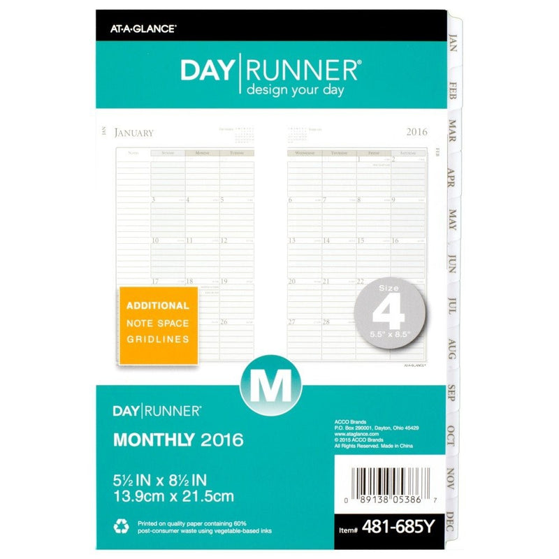 Day Runner Monthly Planning Pages 2016, 12 Months, Loose-Leaf, Size 4, 5.5 x 8.5 Inches (481-685Y)