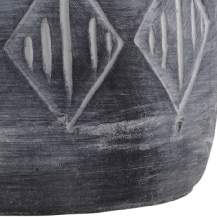 Round Cement Pot with Banded Rim Mouth and Diamond Pattern, Medium, Gray
