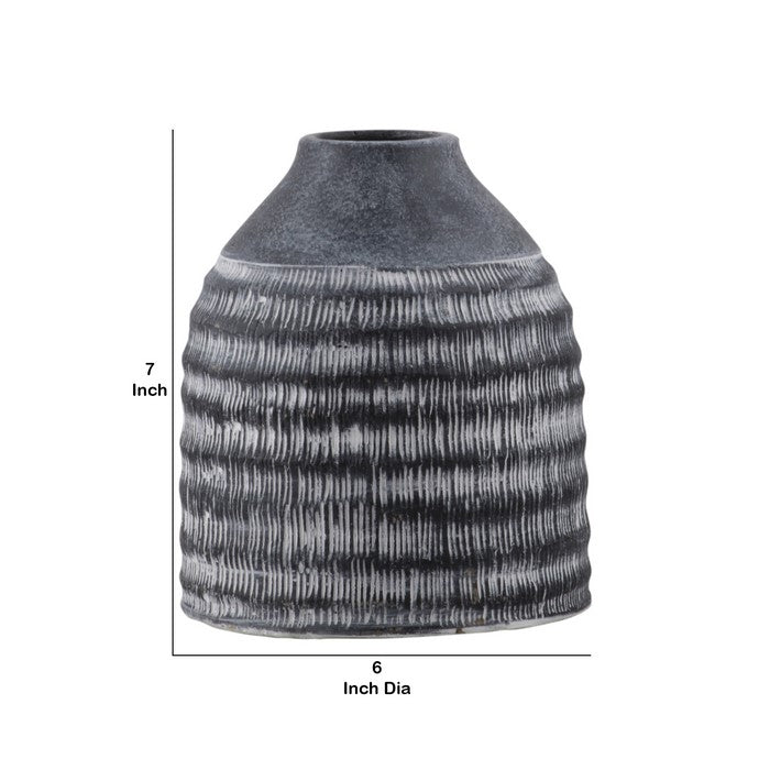 Round Cement Pot with Narrow Banded Mouth and Rustic Pattern, Small, Gray