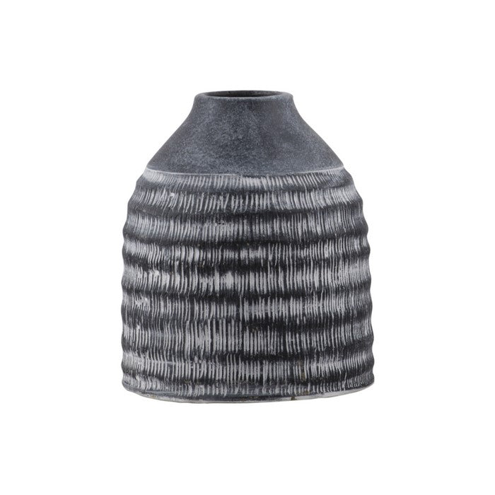 Round Cement Pot with Narrow Banded Mouth and Rustic Pattern, Small, Gray