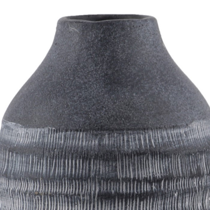 Round Cement Pot with Narrow Banded Mouth and Rustic Pattern, Large, Gray