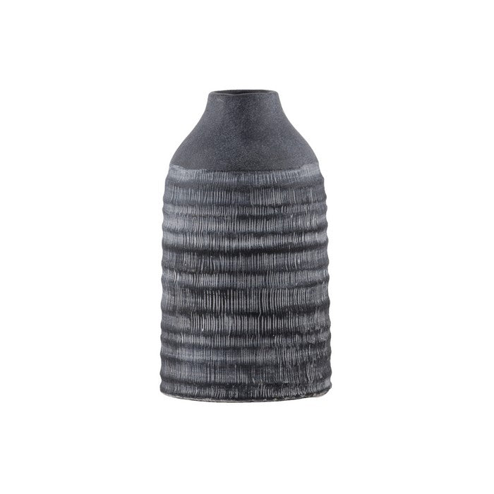 Round Cement Pot with Narrow Banded Mouth and Rustic Pattern, Large, Gray