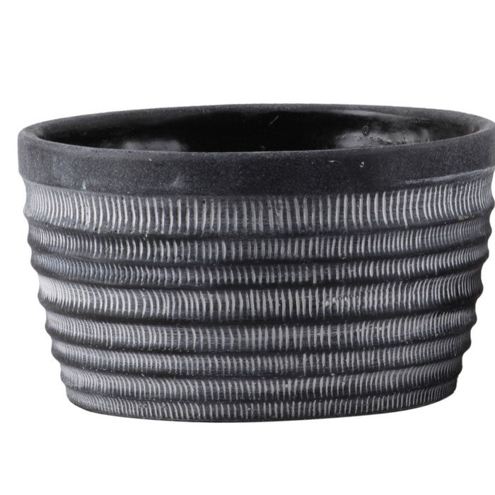 Round Cement Pot with Banded Top and Ribbed Pattern, Set of 2, Gray