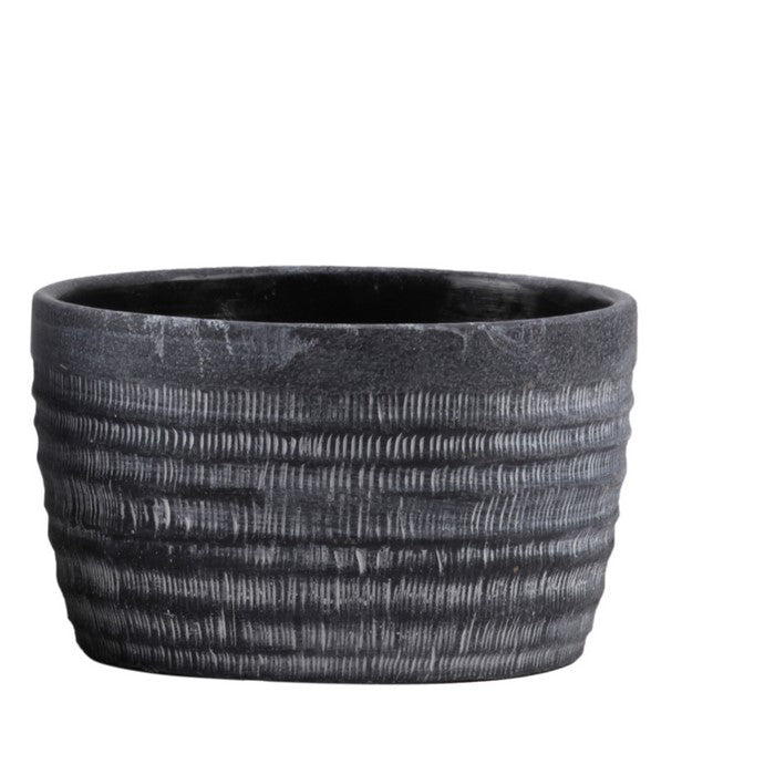 Round Cement Pot with Banded Top and Ribbed Pattern, Set of 2, Gray