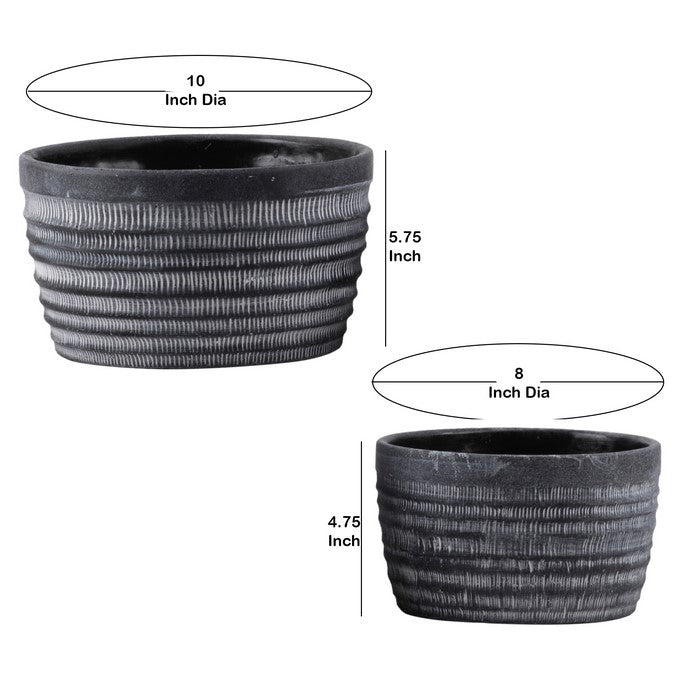 Round Cement Pot with Banded Top and Ribbed Pattern, Set of 2, Gray