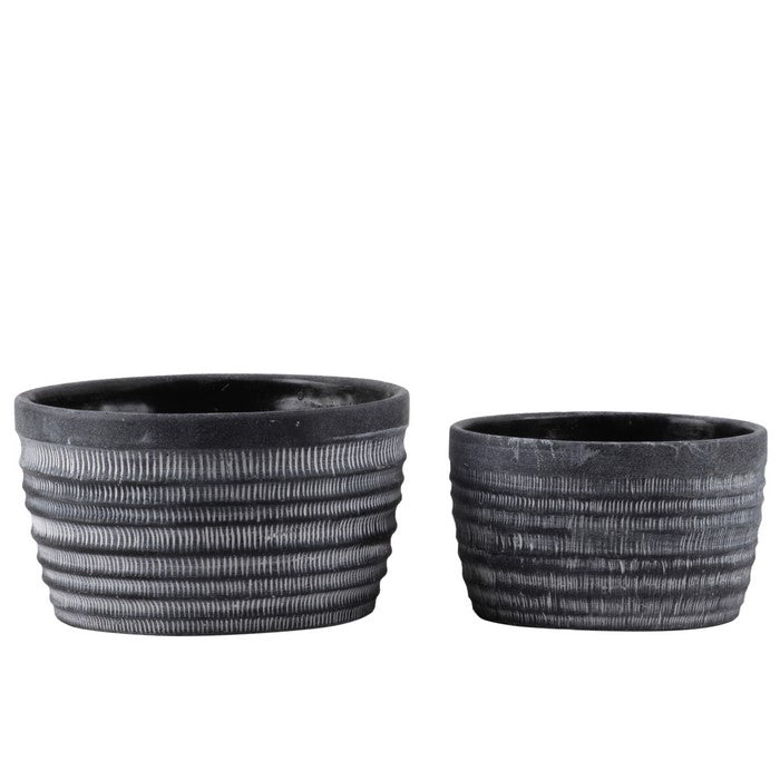 Round Cement Pot with Banded Top and Ribbed Pattern, Set of 2, Gray