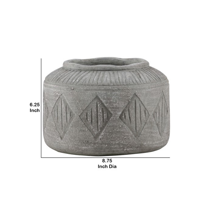 Wide Mouth Cement Pot with Diamond Pattern, Large, Gray