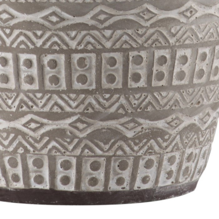 Round Cement Vase with Tribal Pattern and Brown Rim, Medium, Gray