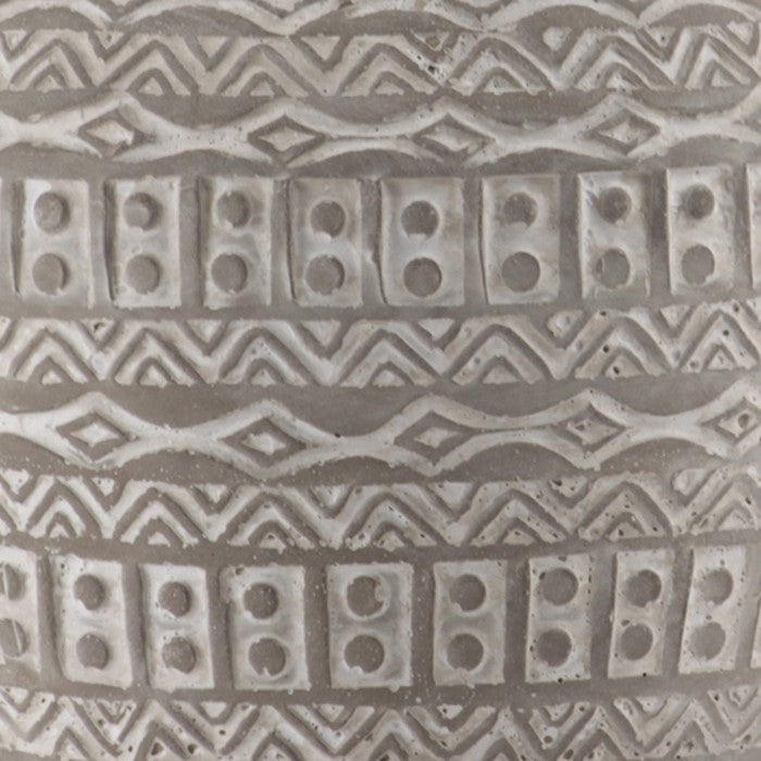Round Cement Vase with Tribal Pattern and Brown Rim, Medium, Gray