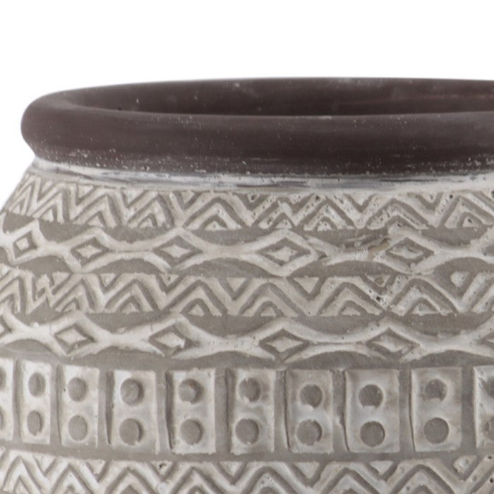 Round Cement Vase with Tribal Pattern and Brown Rim, Medium, Gray