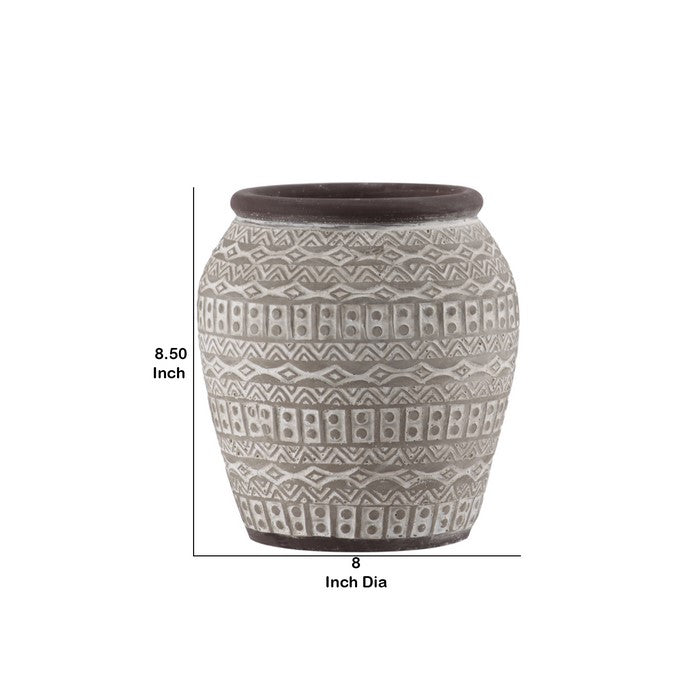 Round Cement Vase with Tribal Pattern and Brown Rim, Medium, Gray