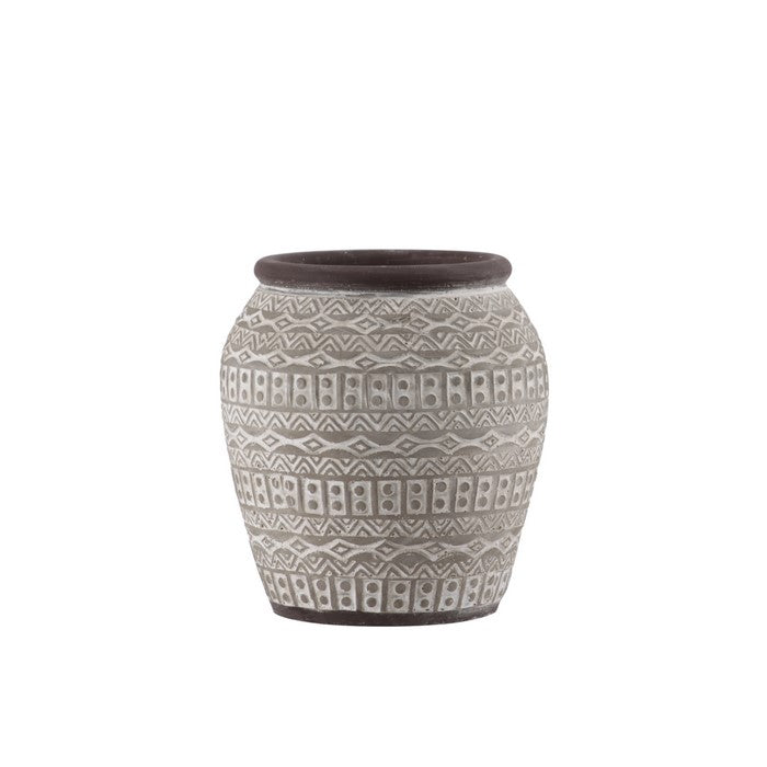 Round Cement Vase with Tribal Pattern and Brown Rim, Medium, Gray