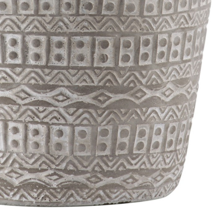 Round Cement Vase with Tribal Pattern and Brown Rim, Large, Gray