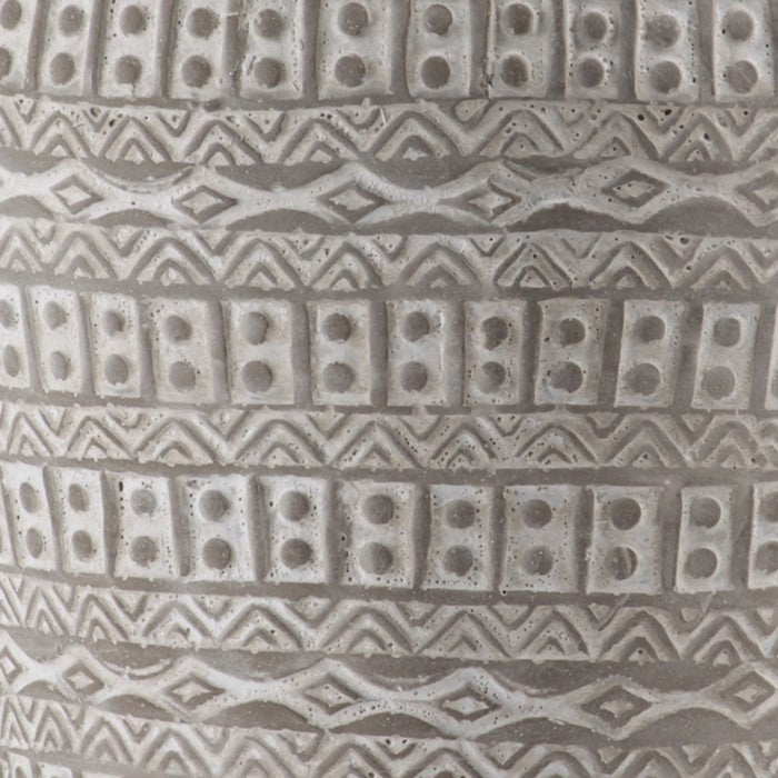 Round Cement Vase with Tribal Pattern and Brown Rim, Large, Gray