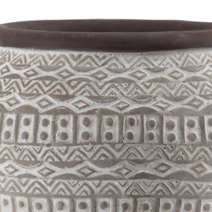 Round Cement Vase with Tribal Pattern and Brown Rim, Large, Gray