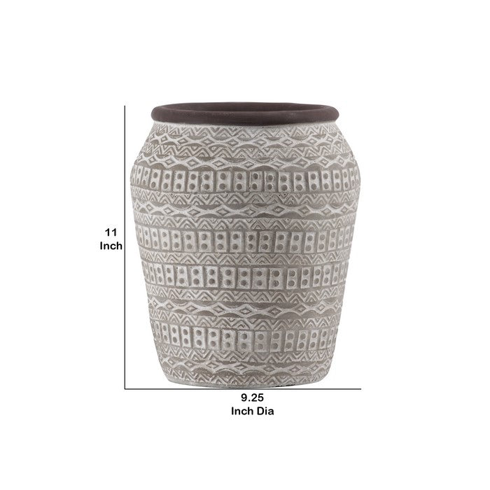 Round Cement Vase with Tribal Pattern and Brown Rim, Large, Gray