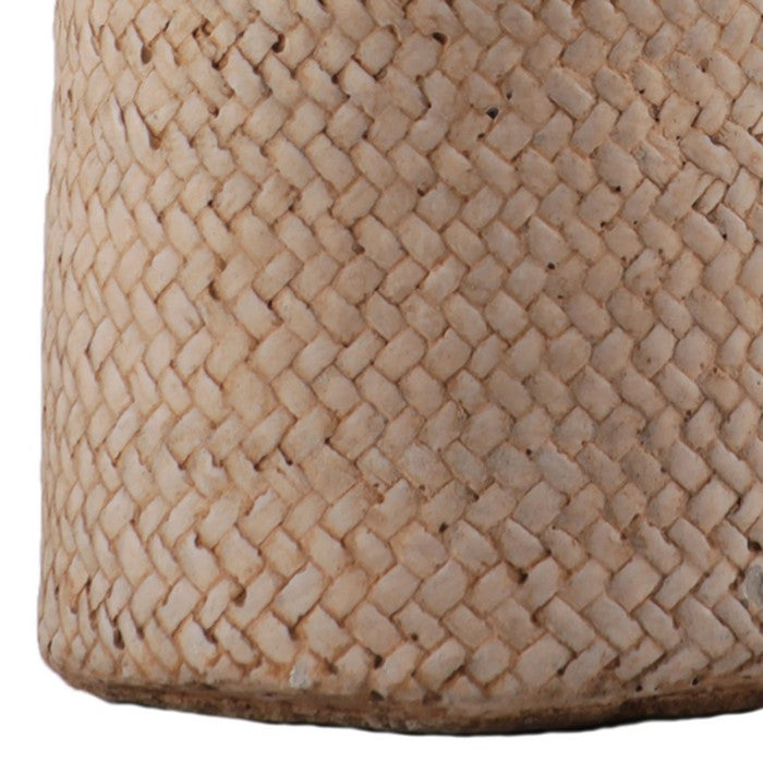 Round Cement Pot with Weave Basket Design and Cotton Strap Handle, Brown