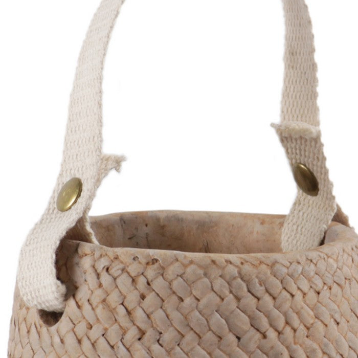 Round Cement Pot with Weave Basket Design and Cotton Strap Handle, Brown