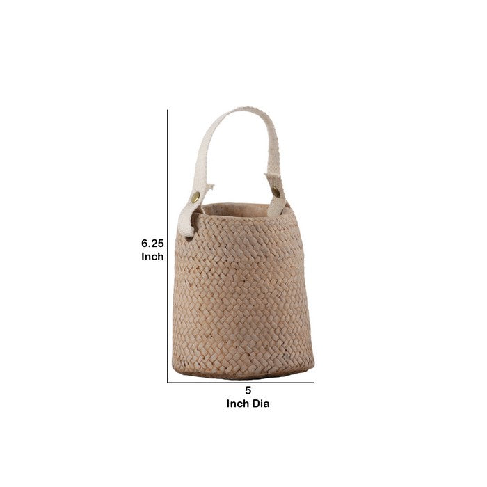 Round Cement Pot with Weave Basket Design and Cotton Strap Handle, Brown