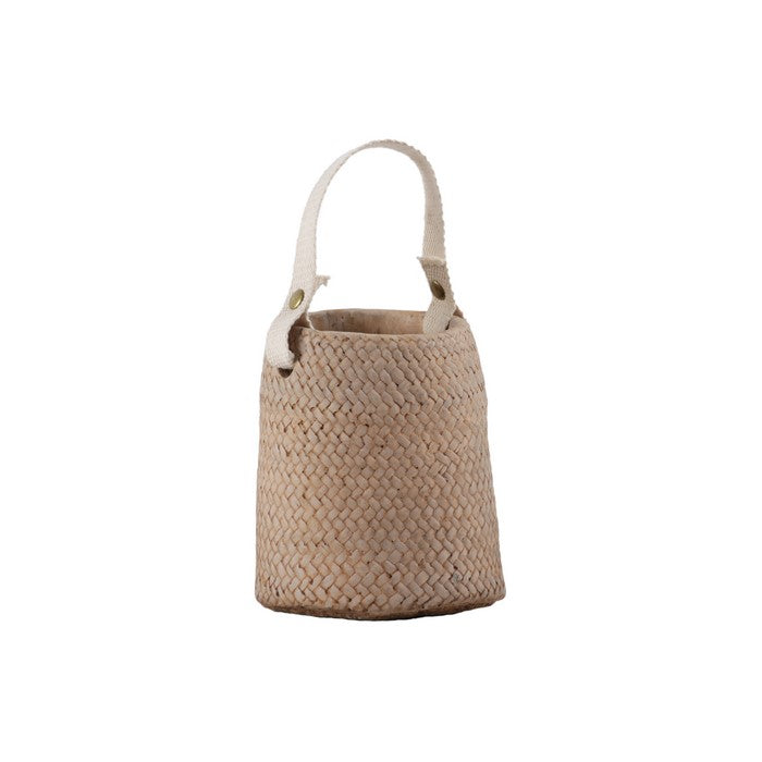 Round Cement Pot with Weave Basket Design and Cotton Strap Handle, Brown