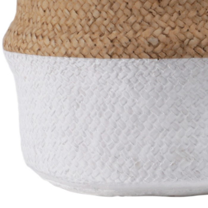 Cement Pot with Weave Design and Cotton Strap Handle,Large,Brown and White