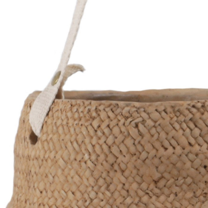 Cement Pot with Weave Design and Cotton Strap Handle,Large,Brown and White