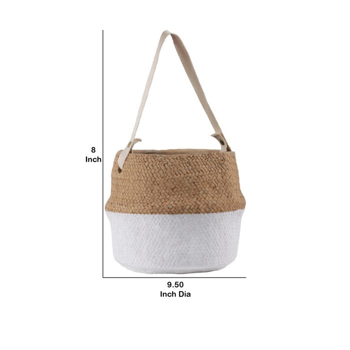 Cement Pot with Weave Design and Cotton Strap Handle,Large,Brown and White