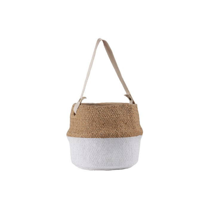 Cement Pot with Weave Design and Cotton Strap Handle,Large,Brown and White