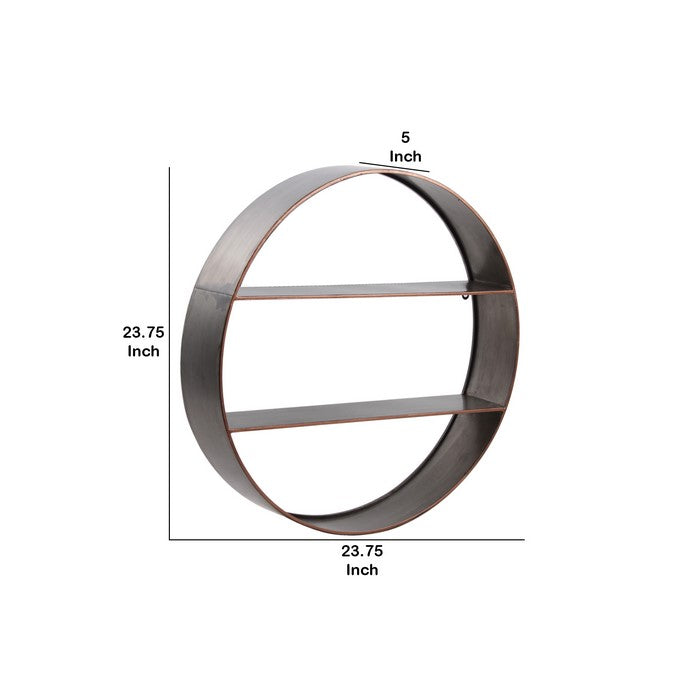 Round Metal Wall Shelf with 2 Tier Storage and Copper Edges, Bronze