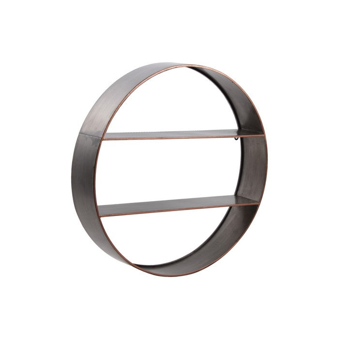 Round Metal Wall Shelf with 2 Tier Storage and Copper Edges, Bronze