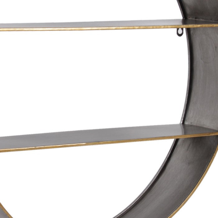 Round Metal Wall Shelf with 2 Tier Storage and Copper Edges, Gray