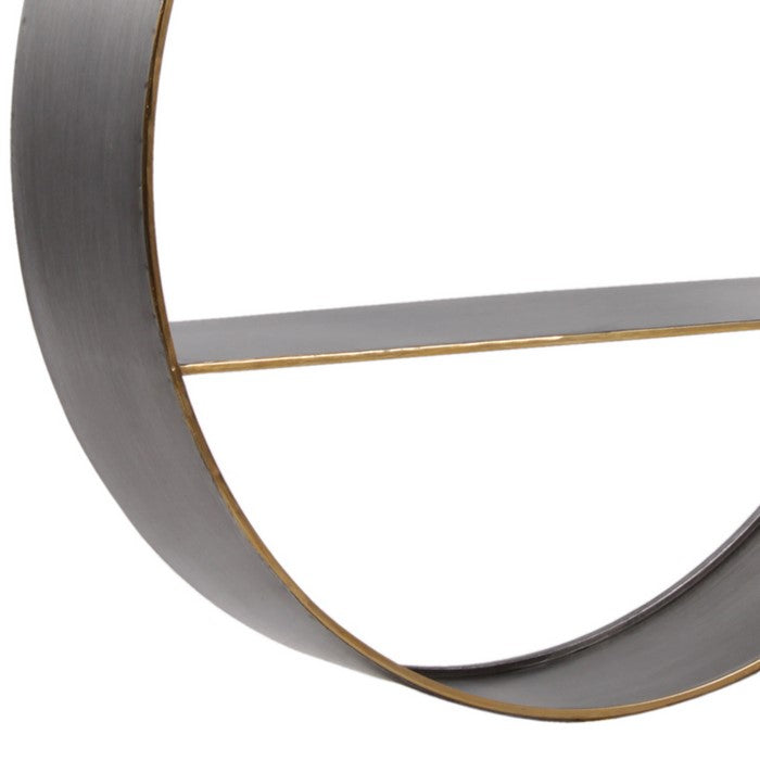 Round Metal Wall Shelf with 2 Tier Storage and Copper Edges, Gray