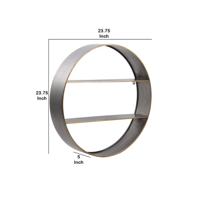 Round Metal Wall Shelf with 2 Tier Storage and Copper Edges, Gray