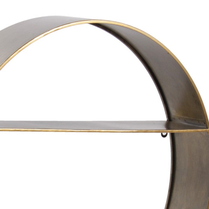 Round Metal Wall Shelf with 2 Tier Storage and Copper Edges, Brown