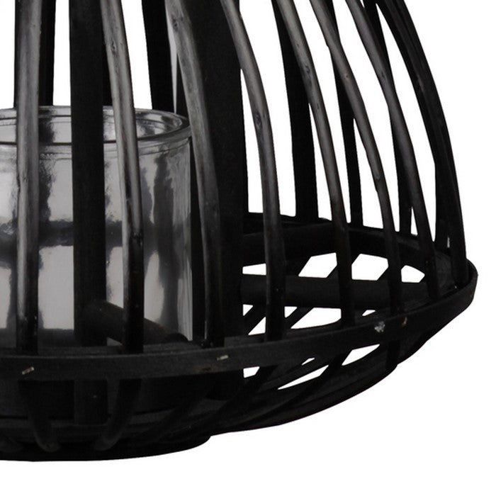 Vertical Lattice Designed Round Bellied Bamboo Lantern, Small, Black