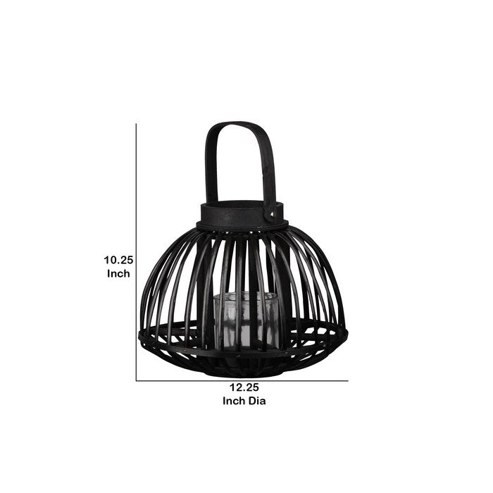 Vertical Lattice Designed Round Bellied Bamboo Lantern, Small, Black