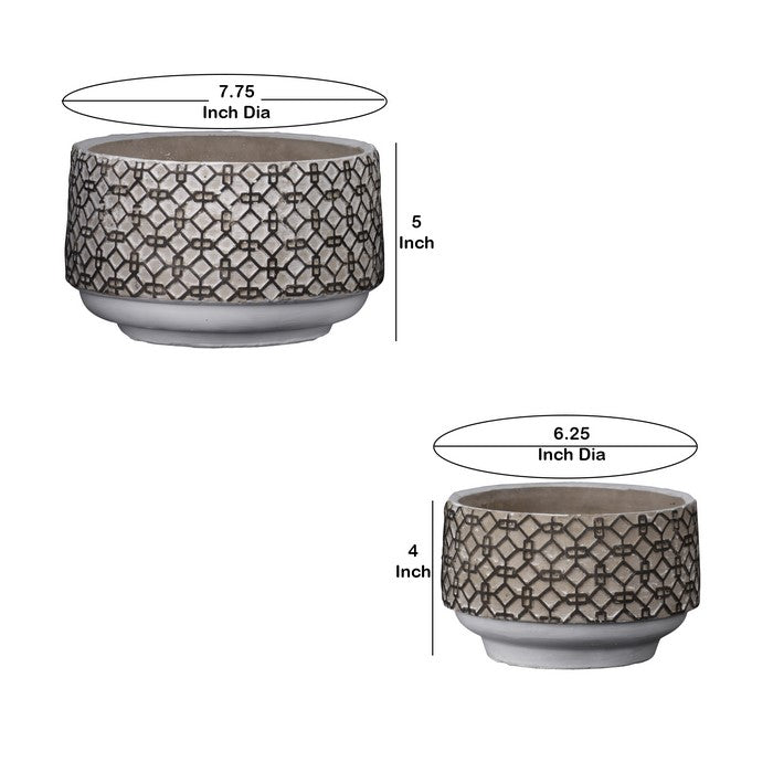 Cement Pot with Octagonal Interlocked Pattern, Set of 2, Black and Brown